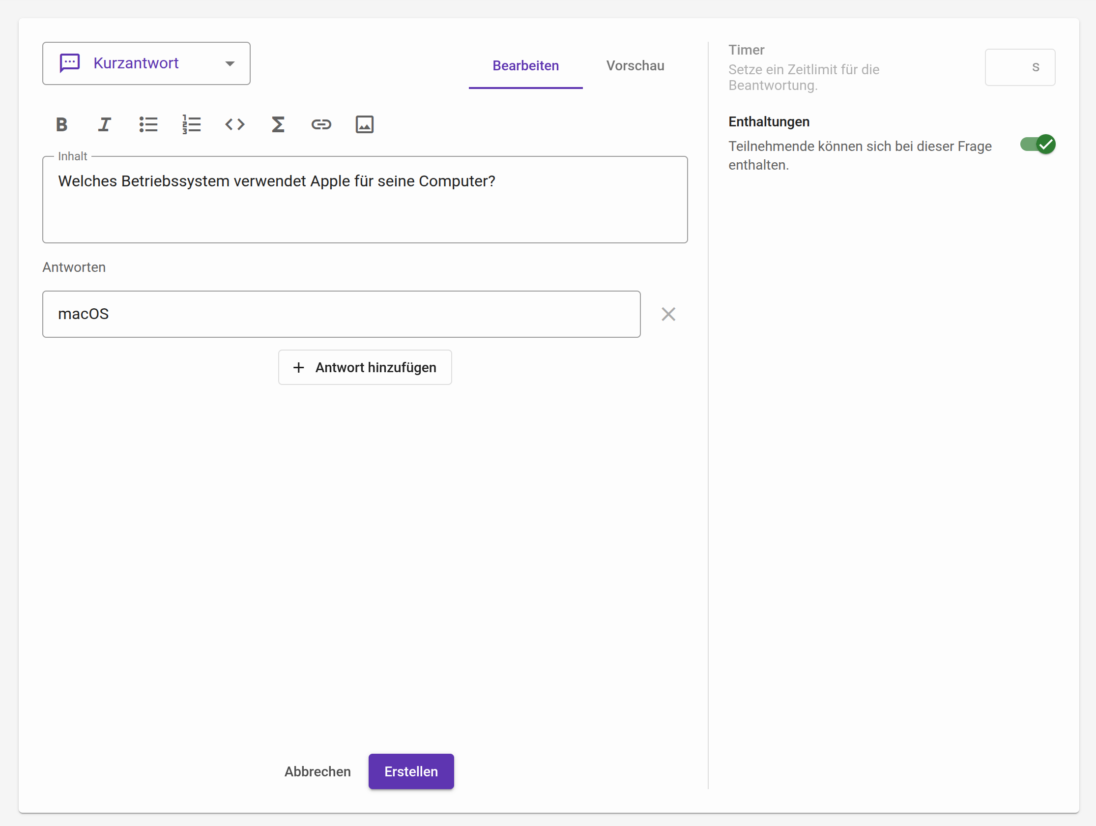Erstellung einer „Kurzantwort“-Frage